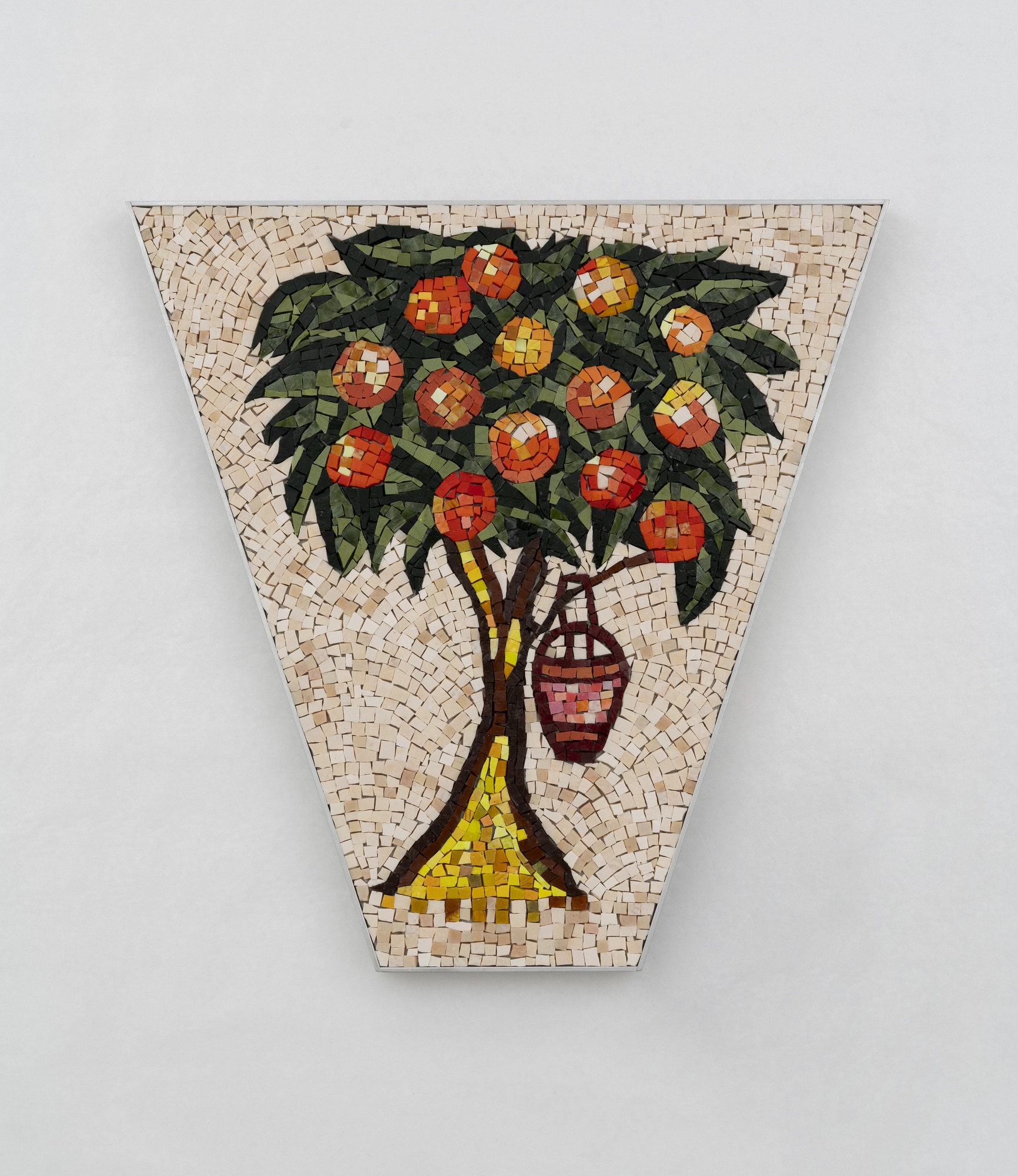 Jordan Nassar, Jabalia (Tree), 2026. Smalti tile mosaic on aluminium, 46.5 x 38.1 x 4 cm. Image courtesy of the artist and The Third Line, Dubai.