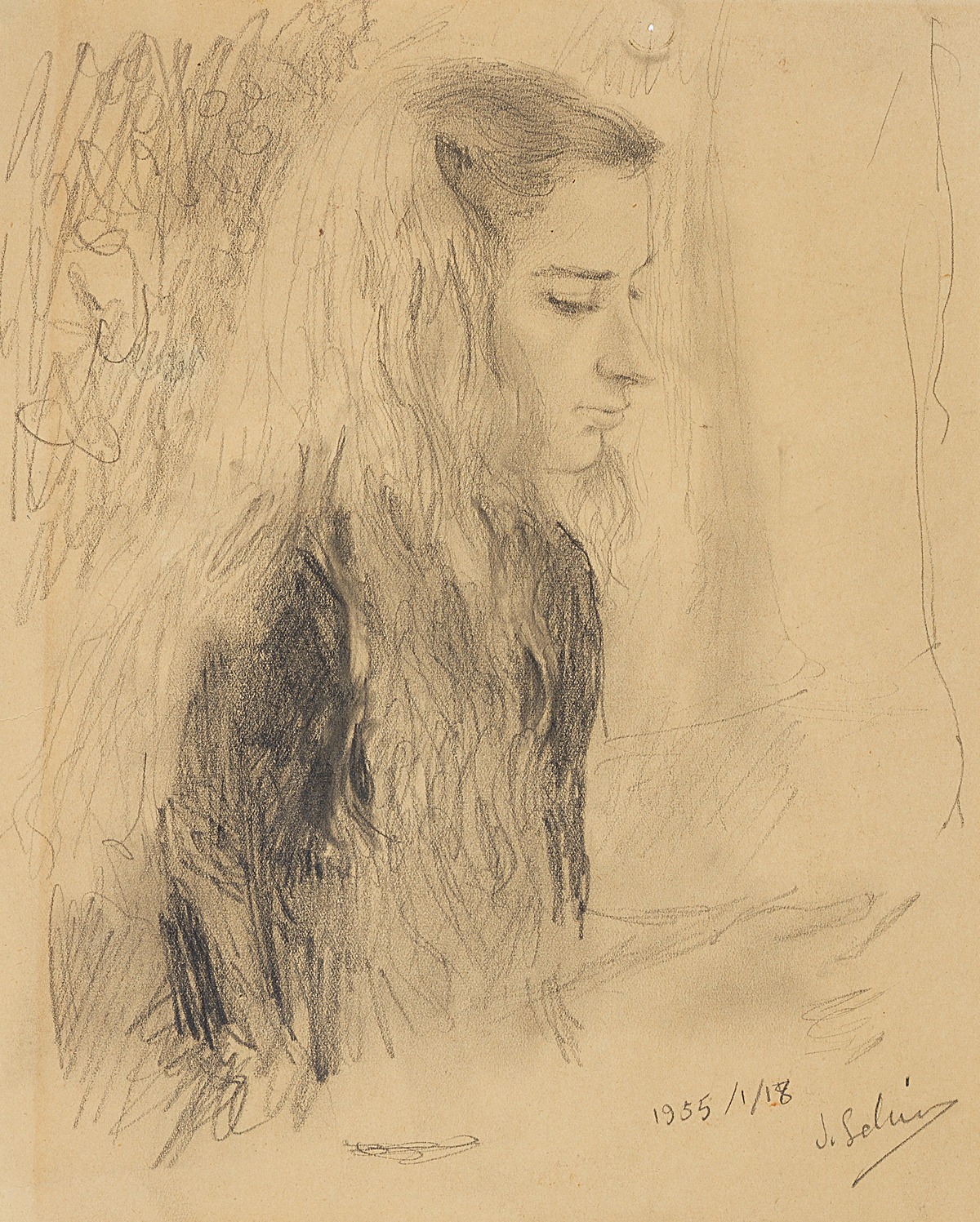Jewad Selim, portrait drawing of Lorna Selim, 1955. Via Wikimedia Commons, public domain.