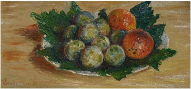 Claude Monet, Prunes et Abricots, about 1882 to 1885, oil on canvas, 18 x 38.2 cm. Image via Wikimedia Commons, public domain.
